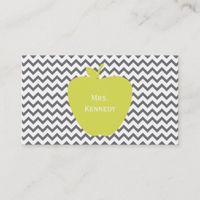 Grey Chevron Neon Apple Teacher Business Card (Front)