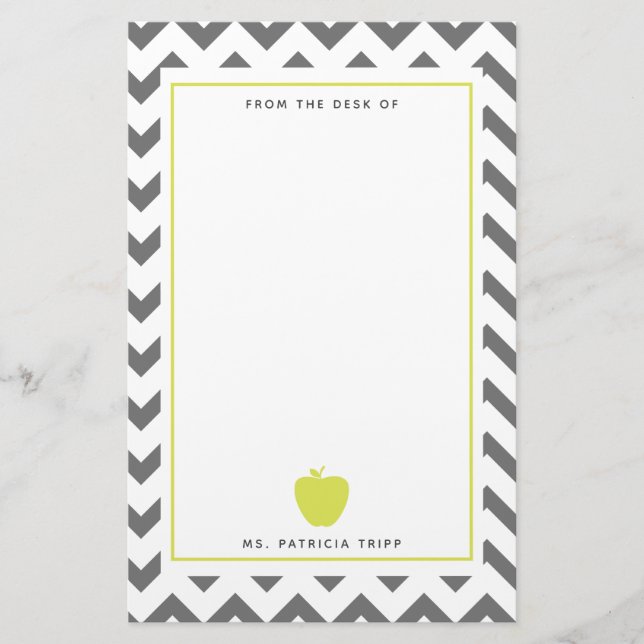 Grey Chevron Neon Apple Teacher Personalised Stationery (Front)