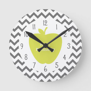 Grey Chevron Neon Apple Teacher Round Clock