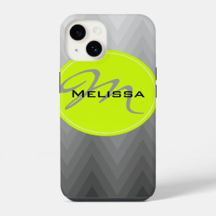 Grey chevron ombre pattern Green Monogram Name iPhone 14 Case
