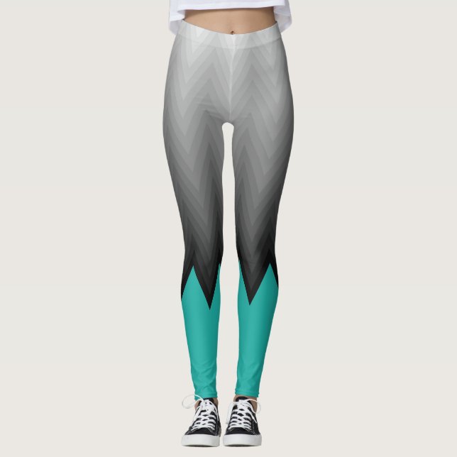 Grey chevron pattern Turquoise blue custom colour Leggings (Front)