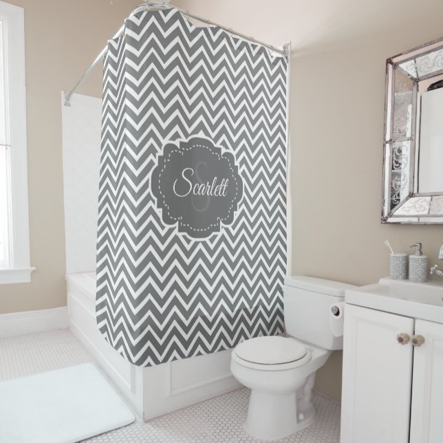 Grey Chevron Personalised Shower Curtain (In Situ)