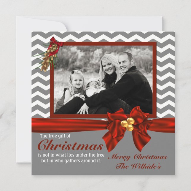 Grey Chevron Photo Christmas Card (Front)