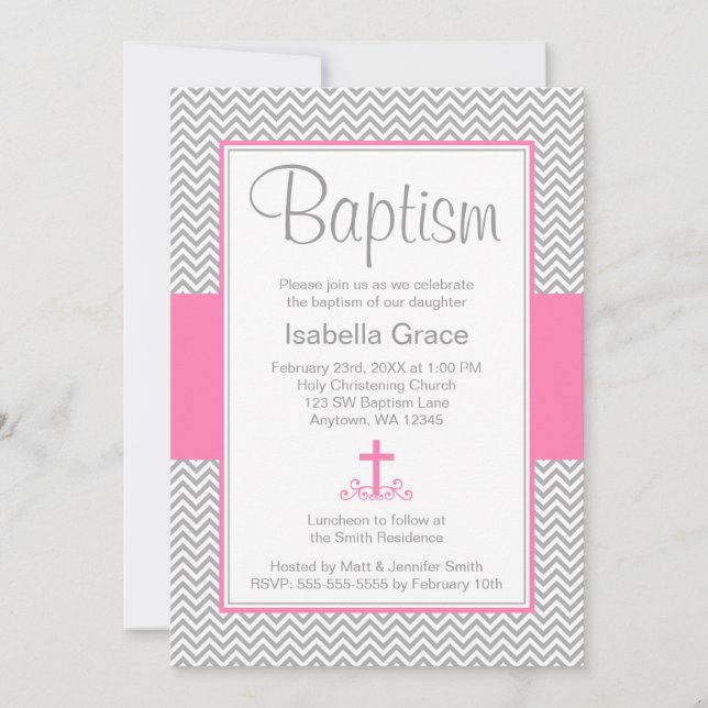 Grey Chevron Pink Cross Girl Baptism Christening Invitation (Front)