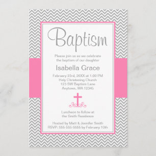 Grey Chevron Pink Cross Girl Baptism Christening Invitation