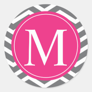 Grey Chevron Pink Monogram Classic Round Sticker