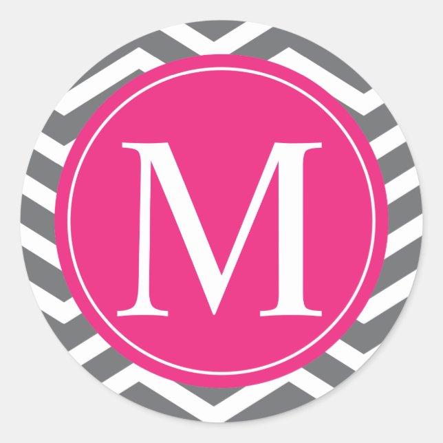 Grey Chevron Pink Monogram Classic Round Sticker (Front)