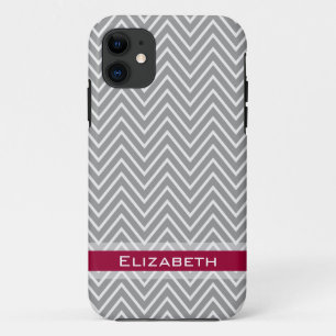 Grey Chevron Pink White Custom Name iPhone 11 Case