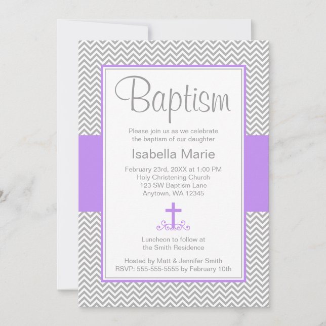 Grey Chevron Purple Cross Girl Baptism Christening Invitation (Front)