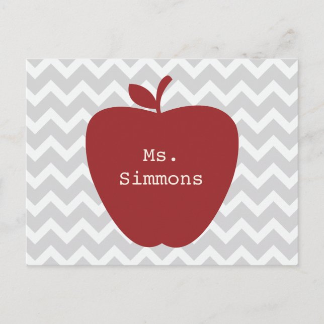 Grey Chevron & Red Apple Teacher Postcard (Front)