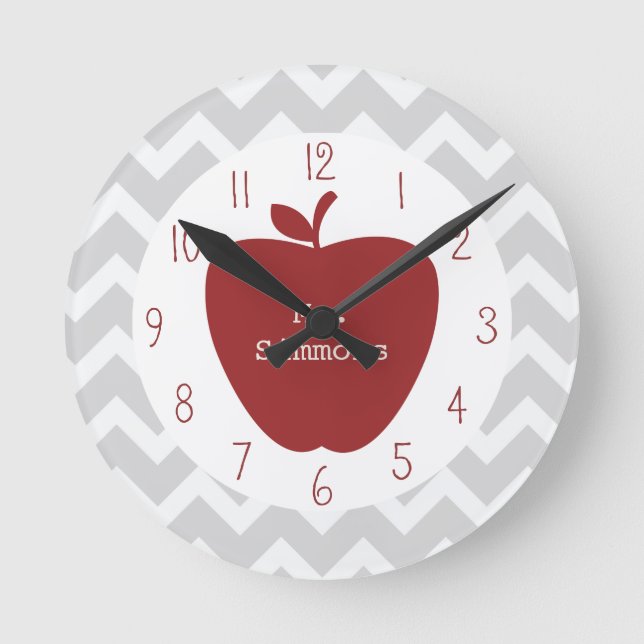 Grey Chevron & Red Apple Teacher Round Clock (Front)