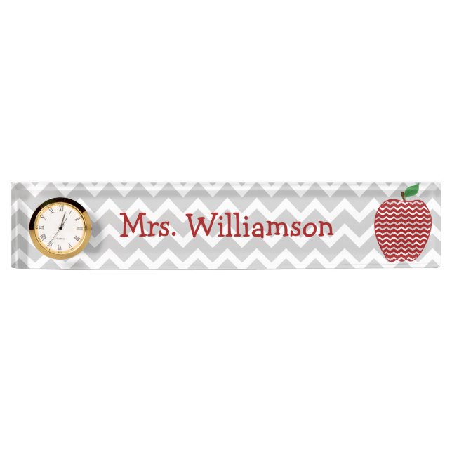 Grey Chevron Red Chevron Apple Teacher Nameplate (Front)