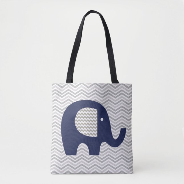 Grey Chevron Stripe Navy Blue Elephant Patterned Tote Bag (Front)