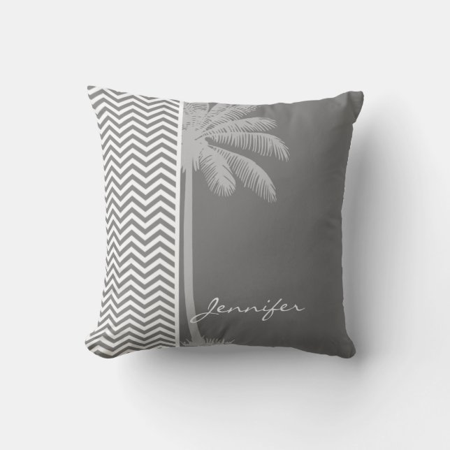 Grey Chevron Stripes; Tropical Palm Tree Cushion (Front)