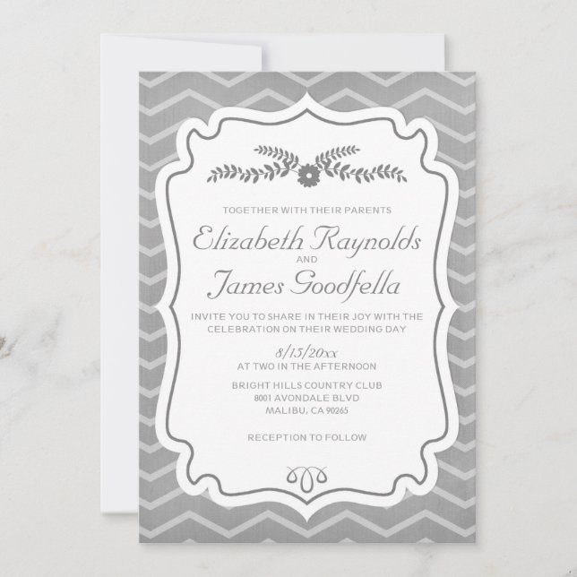 Grey Chevron Stripes Wedding Invitations (Front)