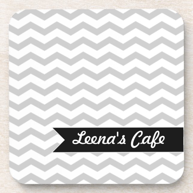 Grey Chevron with black personalised label Coaster (Front)