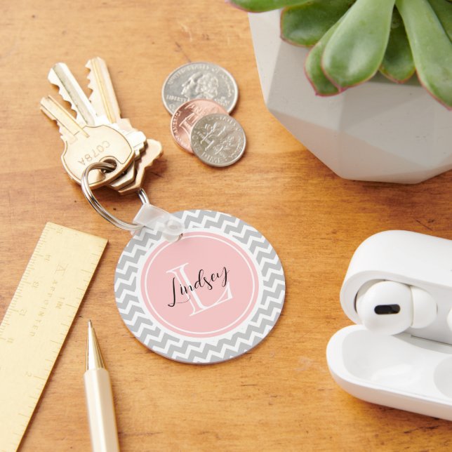 Grey Chevron with Custom Monogram Key Ring (Desk)