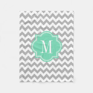 Grey Chevron with Mint Monogram Fleece Blanket