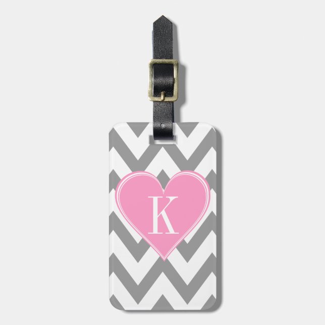 Grey Chevron with Pink Heart Monogram Luggage Tag (Front Vertical)