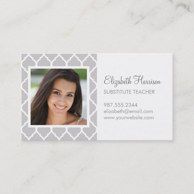 Grey Chic Moroccan Lattice Photo Business Card (Front)