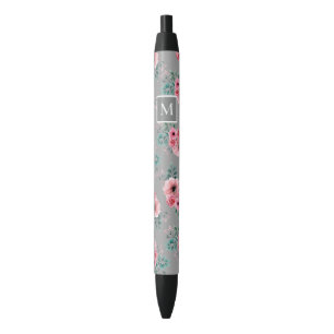 Grey Chic Watercolour Floral Monogram Black Ink Pen