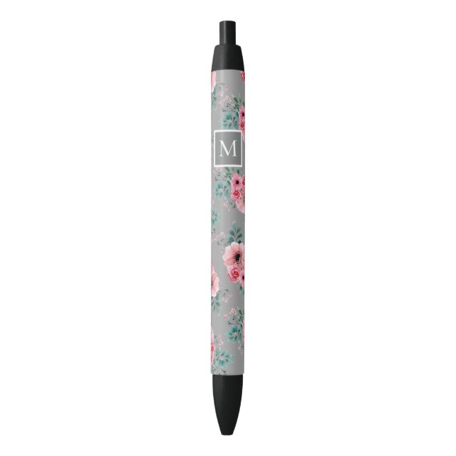 Grey | Chic Watercolour Floral Monogram  Black Ink Pen (Front Vertical)