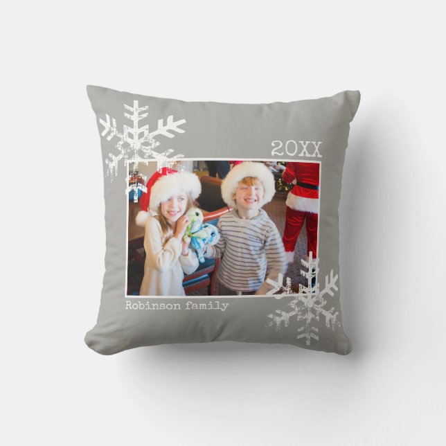 Grey Christmas Photo Distressed Snowflakes Cushion (Front)