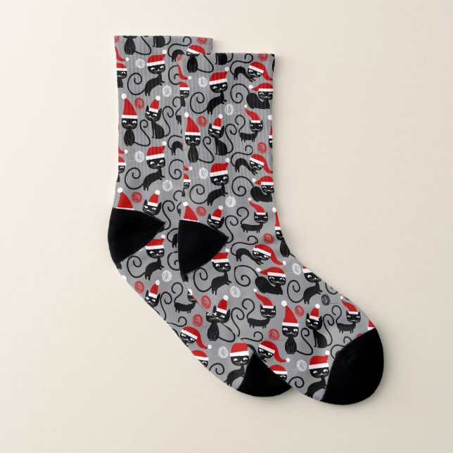 grey christmas santa cats socks (Pair)