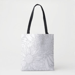 Grey Chrysanthemums Line Drawing with Name Tote Bag