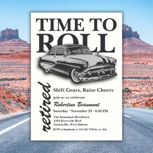 Grey Classic Car Time to Roll Retirement Party Invitation