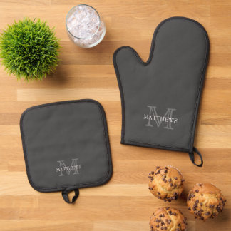 Grey Classic Custom Monogram & Name Oven Mitt & Pot Holder Set