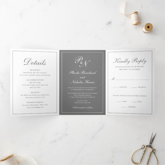 Grey Classic Elegant Wedding Tri-Fold Invitation (Inside)