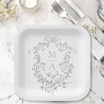 Grey Classic Floral Crest Monogram Wedding Paper Plate<br><div class="desc">Elegant French victorian grey floral wedding paper plate. For more advanced customisation of this design,  please click the DESIGN TOOL BUTTON above!</div>
