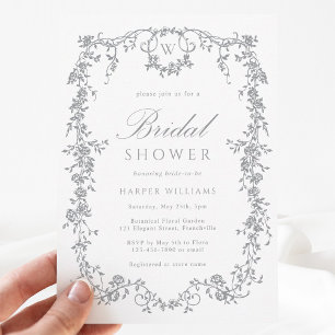 Grey Classic French Floral Bridal Shower Invitation