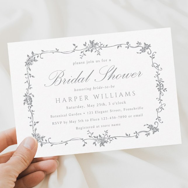 Grey Classic French Floral Bridal Shower Invitation (Creator Uploaded)