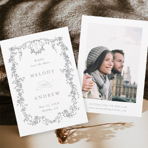 Grey Classic French Floral Victorian Wedding Photo Save The Date