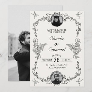 Grey Classic Vintage floral ornament photo wedding Invitation