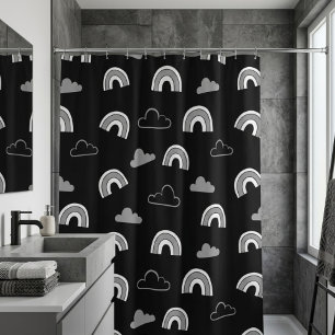 Grey Clouds and Rainbows on Black Shower Curtain