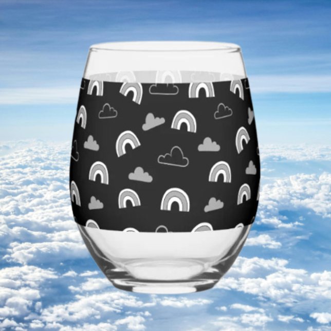 Grey Clouds and Rainbows on Black  Stemless Wine Glass (Creator Uploaded)