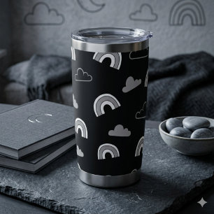 Grey Clouds and Rainbows on Black Thermal Tumbler