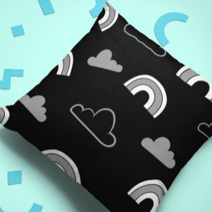 Grey Clouds and Rainbows on Black Throw Pillow
