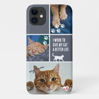 Grey Colorblock Cat Photo Collage Monogram Pet Paw iPhone 11 Case
