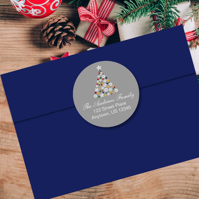 Grey Colourful Christmas Tree Round Address Label (Creator Uploaded)