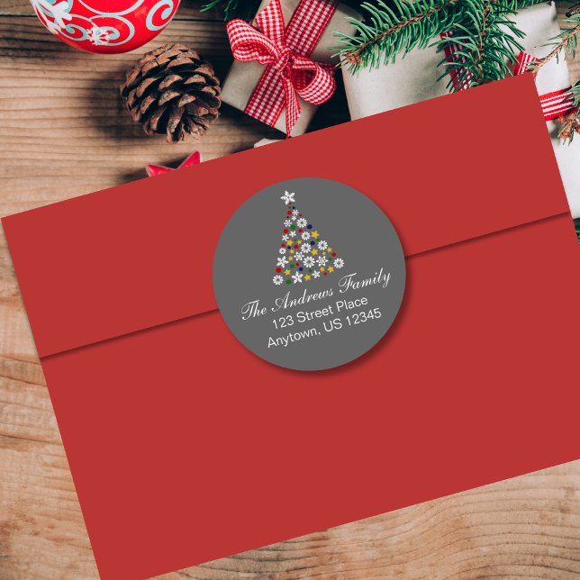 Grey Colourful Christmas Tree Round Address Label (Creator Uploaded)