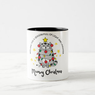 Grey Colourful Cute Funny Cat Christmas Two-Tone Coffee Mug