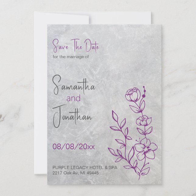 Grey Concrete and Purple Wedding Save The Date Invitation (Front)