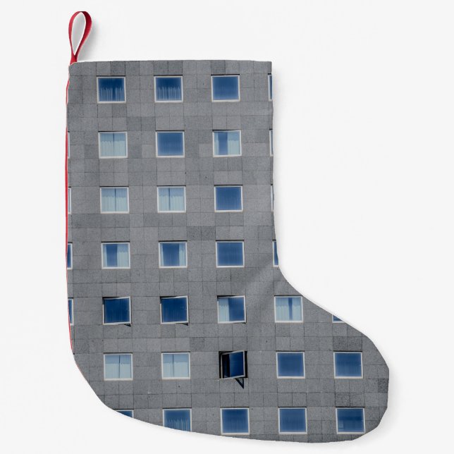 Grey concrete building photography small christmas stocking (Front)