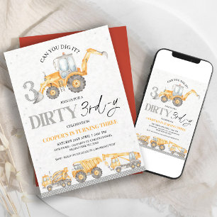 Grey Construction Dirty 3rd Birthday Boy Invitation