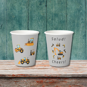Grey Construction Themed Birthday Boy Bilingual Paper Cups