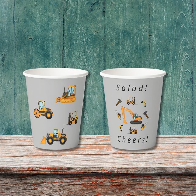 Grey Construction Themed Birthday Boy Bilingual Paper Cups (Gray paper cup construction party for boy, custom text in Spanish. Multilingual Project)